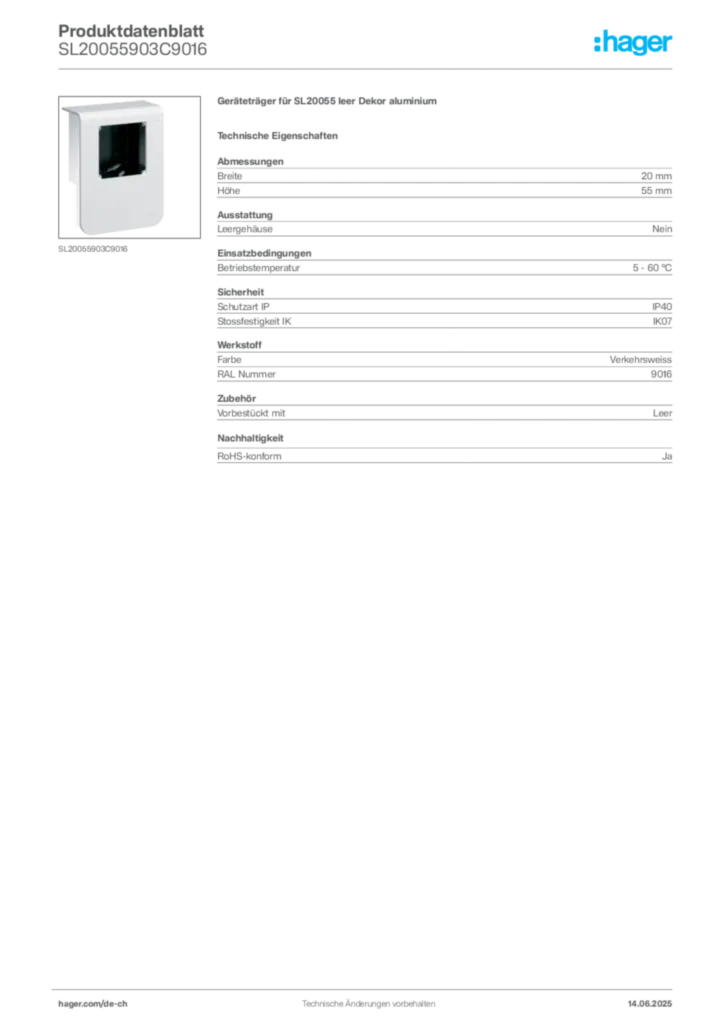 Bild Hager Produktdatenblatt SL20055903C9016 | Hager Schweiz