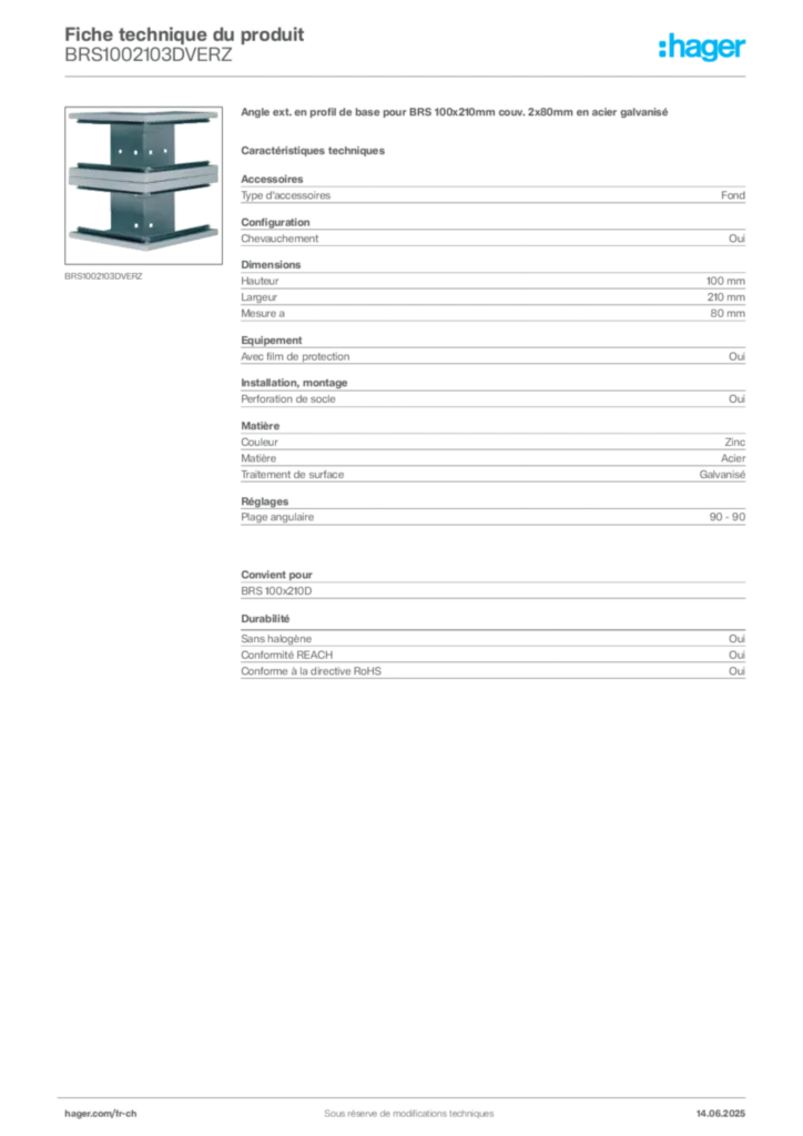Image Hager Fiche technique du produit BRS1002103DVERZ | Hager Suisse
