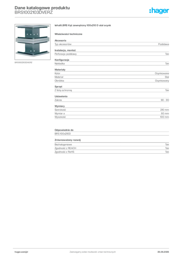 Zdjęcie Hager Karta katalogowa BRS1002103DVERZ | Hager Polska