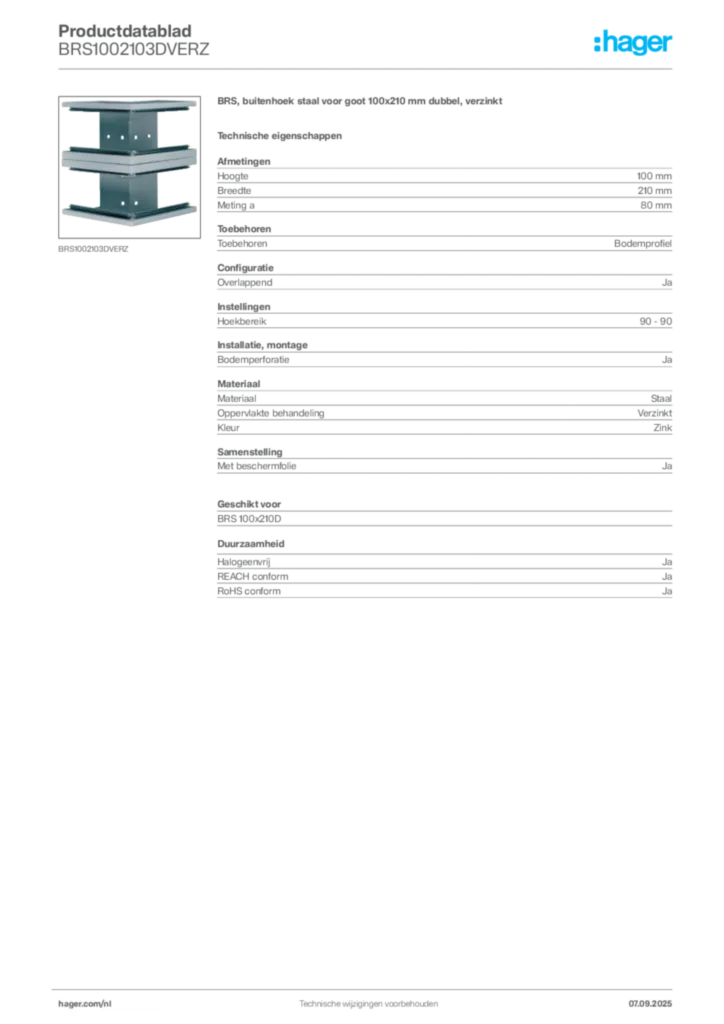 Afbeelding Hager Productdatablad BRS1002103DVERZ | Hager Nederland