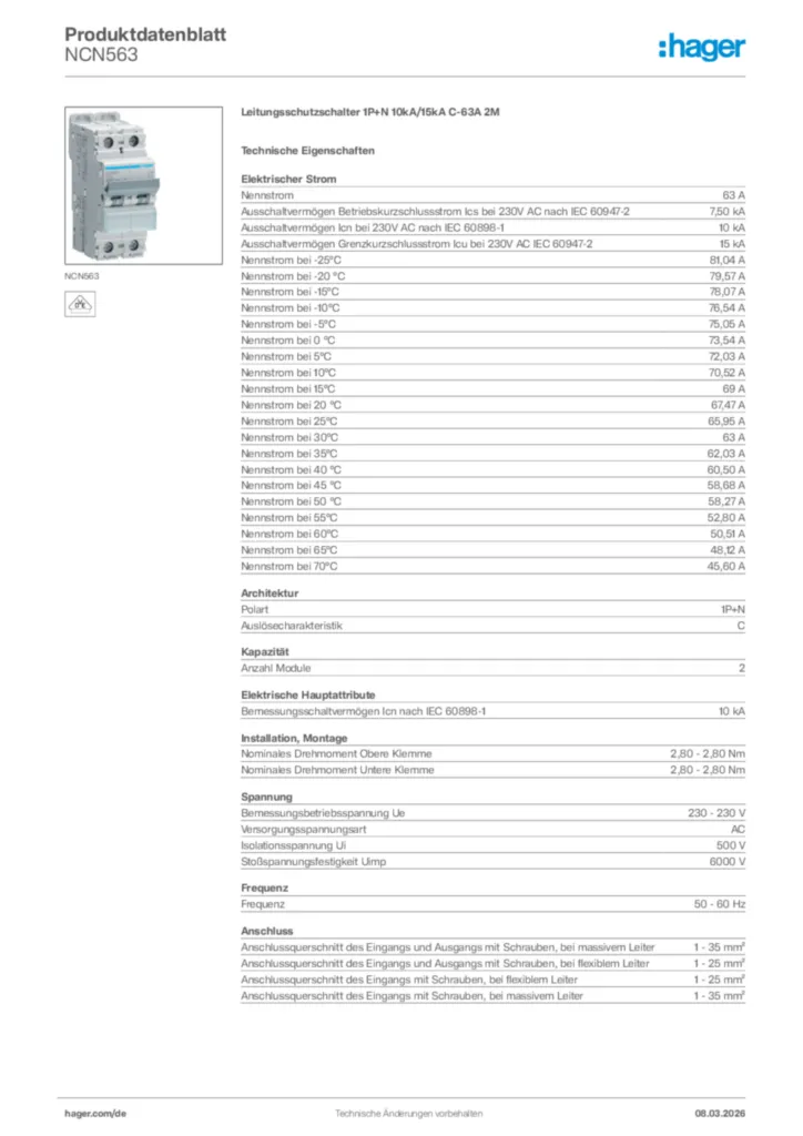Bild Hager Produktdatenblatt NCN563 | Hager Deutschland