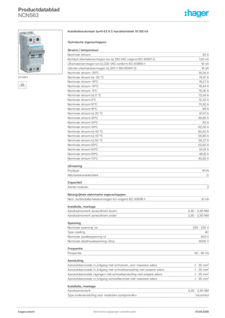 Afbeelding Hager Productdatablad NCN563 | Hager Nederland