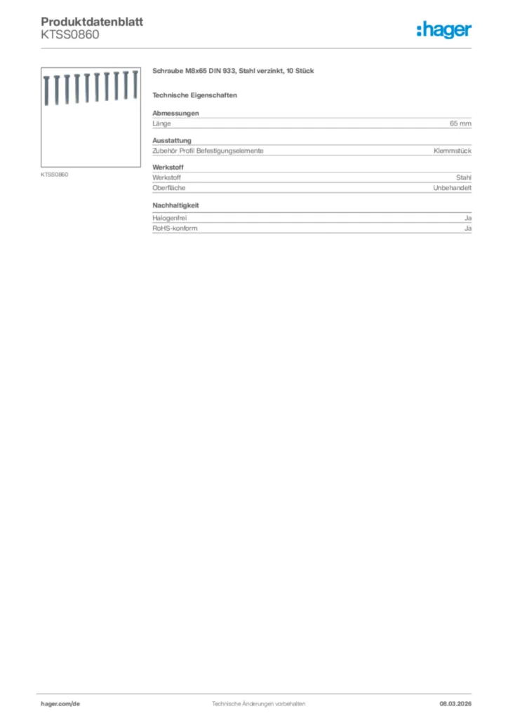 Bild Hager Produktdatenblatt KTSS0860 | Hager Deutschland