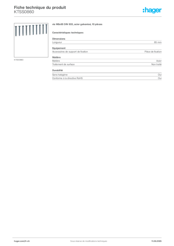 Image Hager Fiche technique du produit KTSS0860 | Hager Suisse
