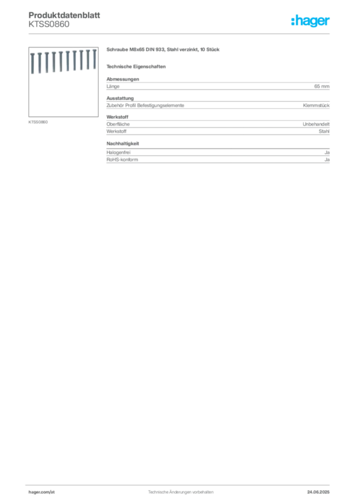 Bild Hager Produktdatenblatt KTSS0860 | Hager Deutschland