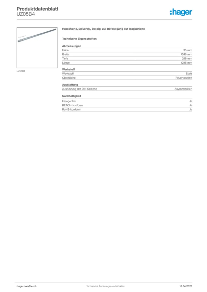 Bild Hager Produktdatenblatt UZ05B4 | Hager Schweiz