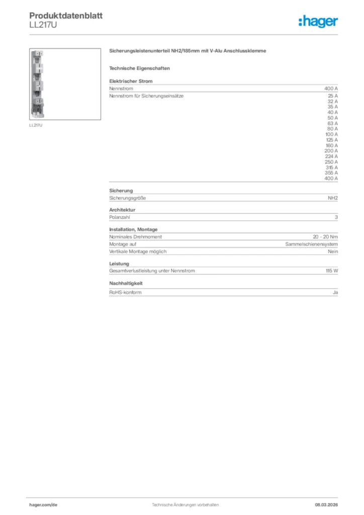 Bild Hager Produktdatenblatt LL217U | Hager Deutschland
