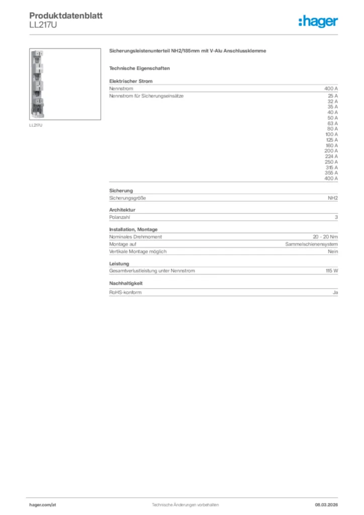 Bild Hager Produktdatenblatt LL217U | Hager Deutschland