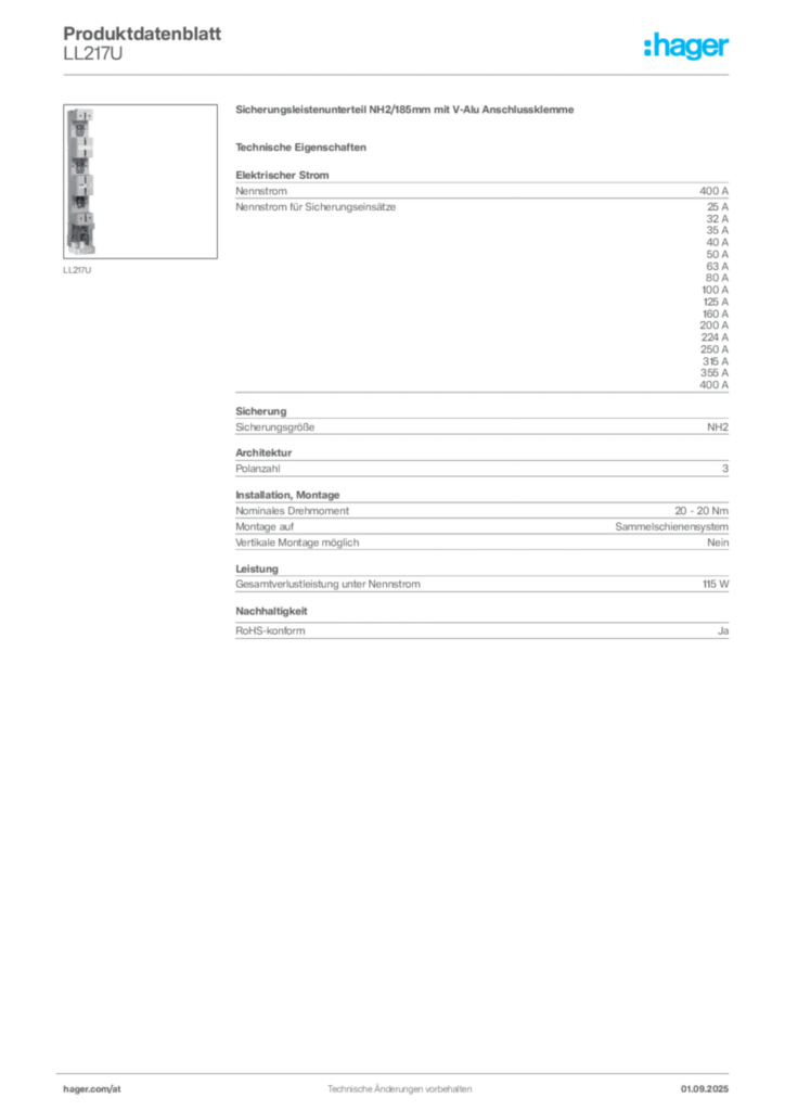 Bild Hager Produktdatenblatt LL217U | Hager Deutschland