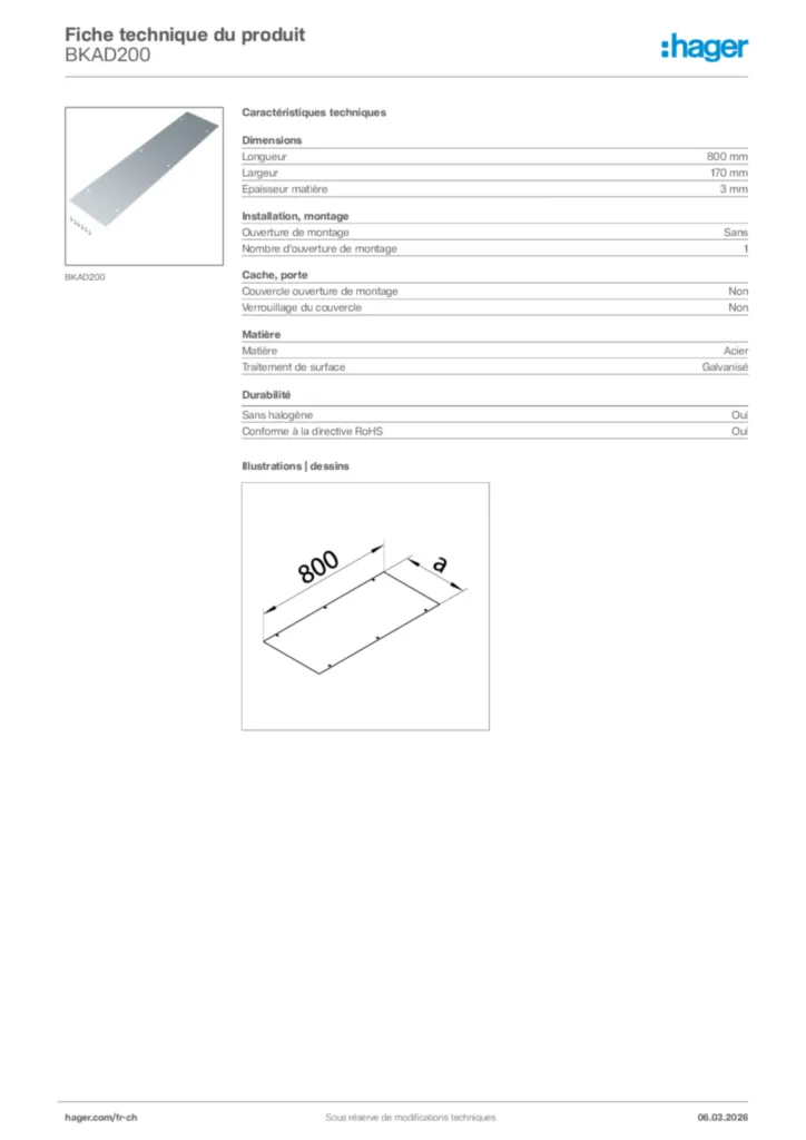 Image Hager Fiche technique du produit BKAD200 | Hager Suisse