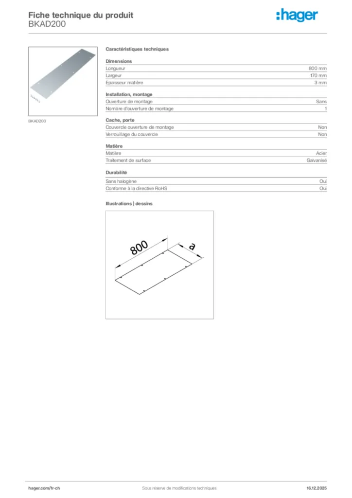 Image Hager Fiche technique du produit BKAD200 | Hager Suisse