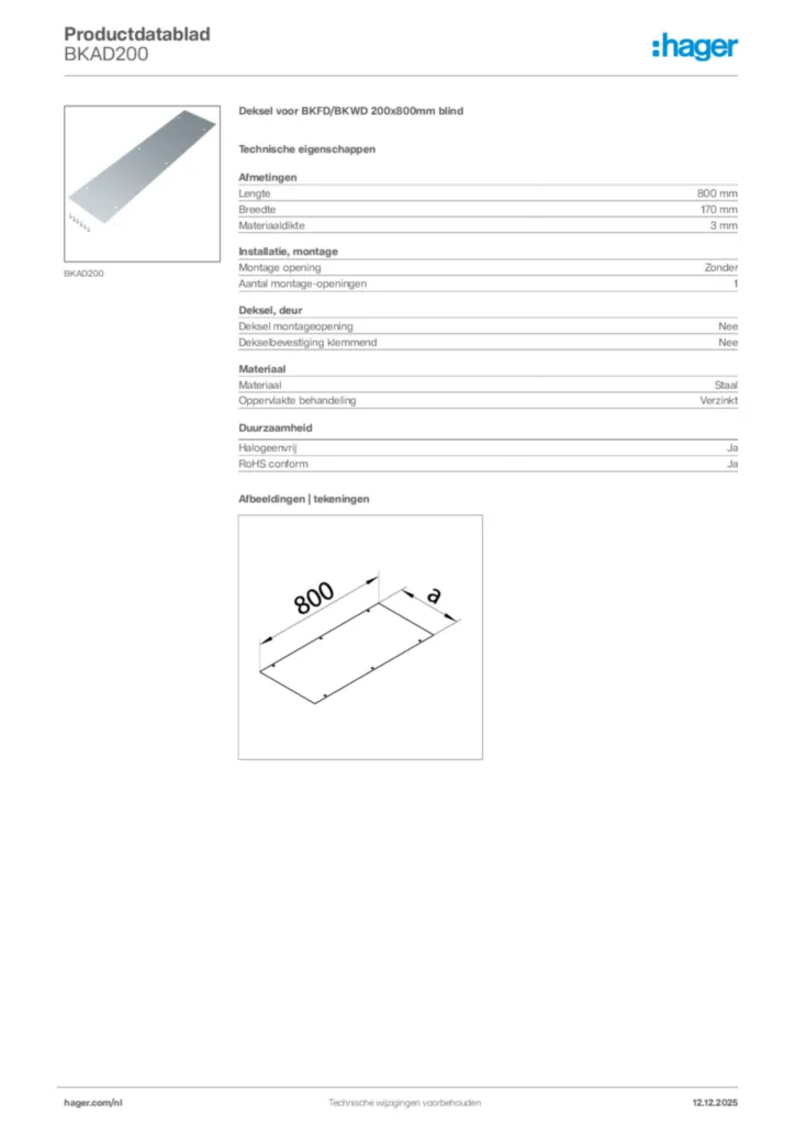 Afbeelding Hager Productdatablad BKAD200 | Hager Nederland