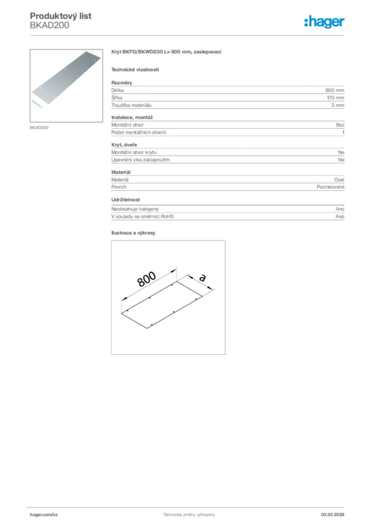 Obrázek Hager Product data sheet BKAD200 | Hager