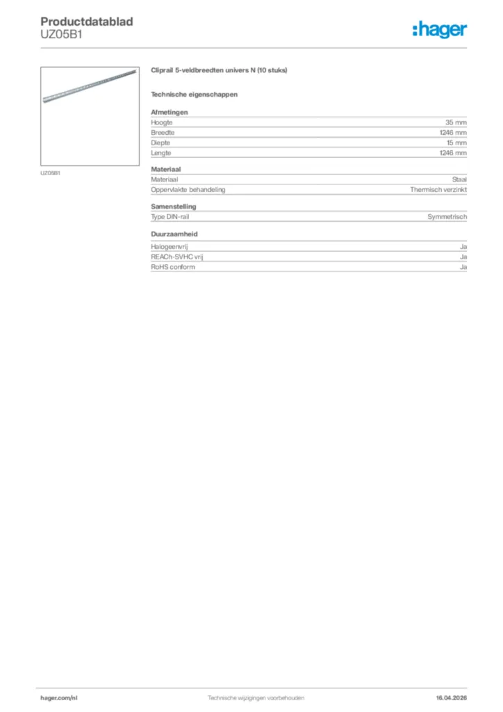 Afbeelding Hager Productdatablad UZ05B1 | Hager Nederland