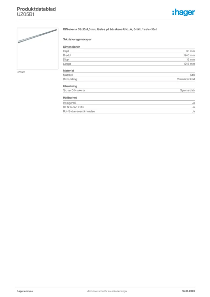 Bild Hager Produktdatablad UZ05B1 | Hager Sverige