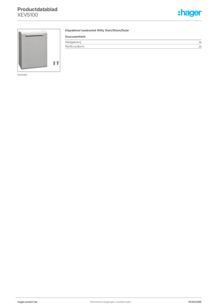 Afbeelding Hager Productdatablad XEVS100 | Hager Belgium