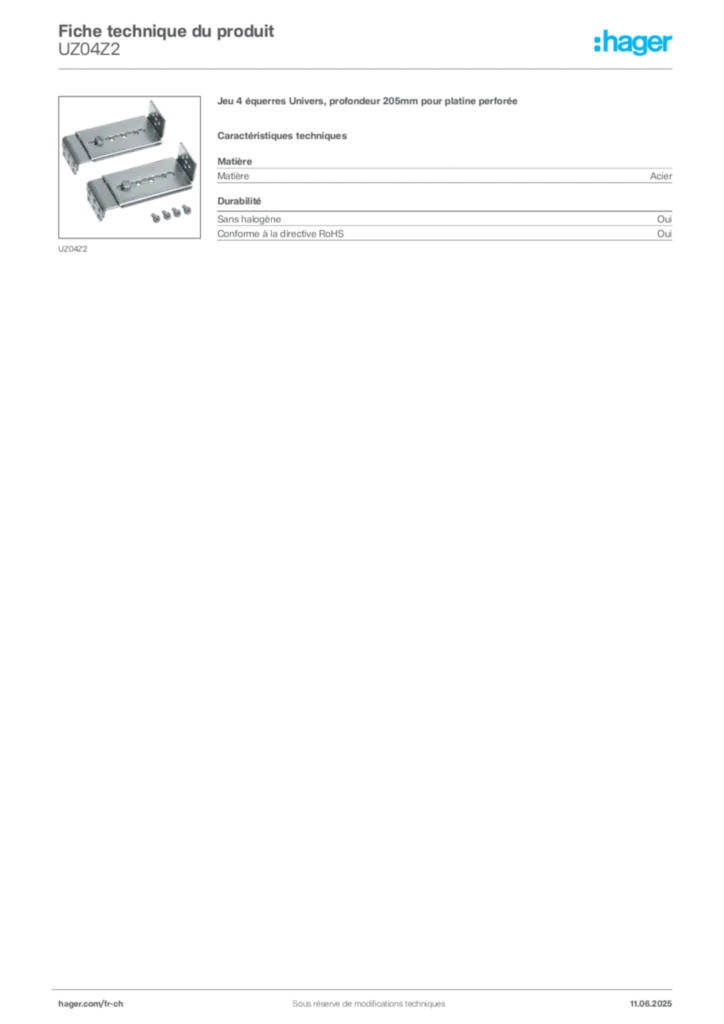 Image Hager Fiche technique du produit UZ04Z2 | Hager Suisse