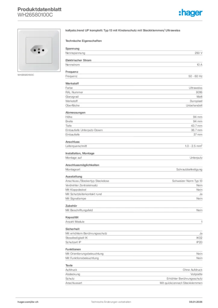 Bild Hager Produktdatenblatt WH26580100C | Hager Schweiz