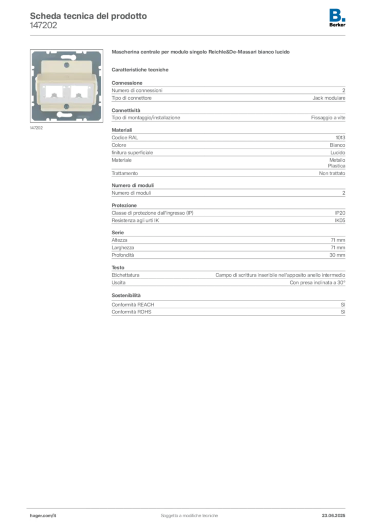 Immagine Berker Scheda tecnica del prodotto 147202 | Hager Italia