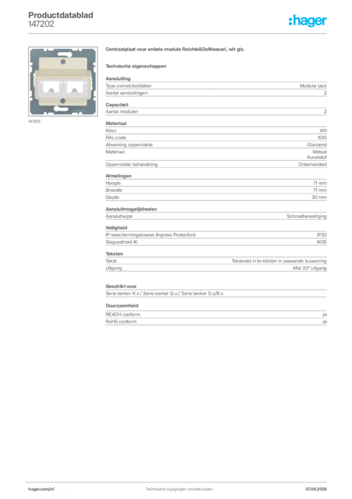 Afbeelding Hager Productdatablad 147202 | Hager Nederland