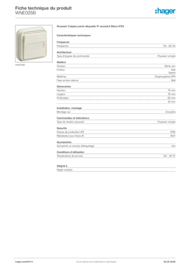 Image Hager Fiche technique du produit WNE025B | Hager Afrique