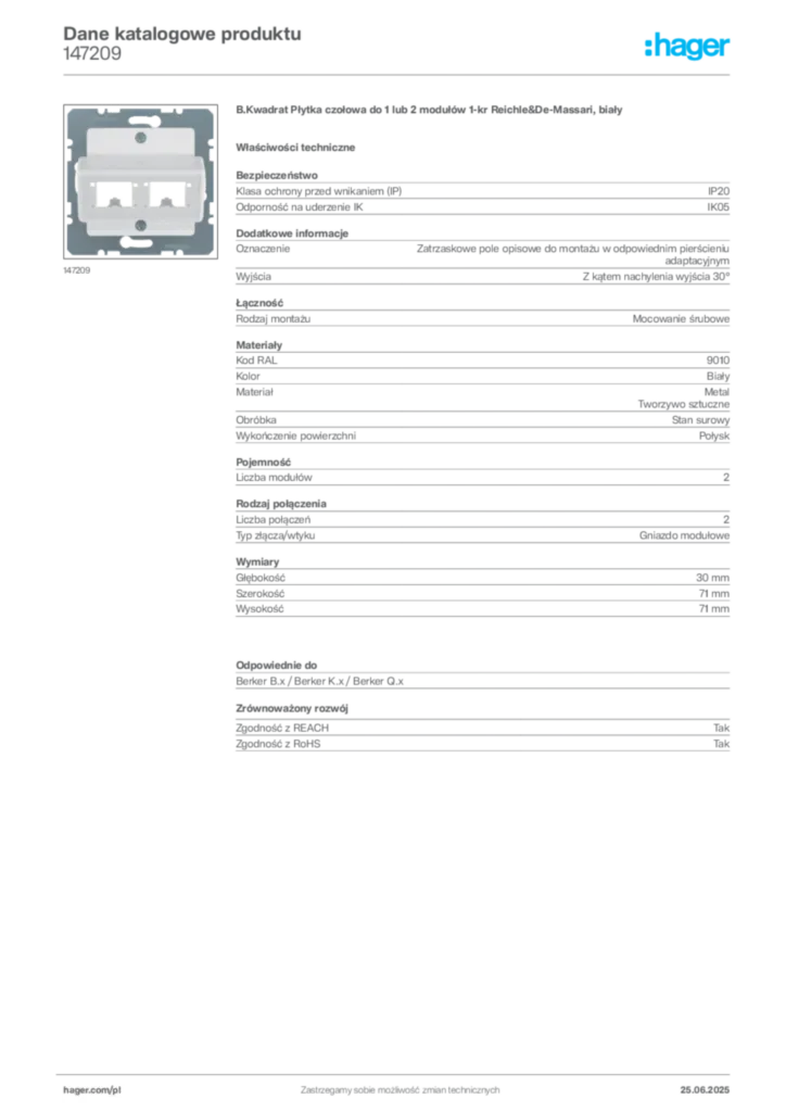 Zdjęcie Hager Karta katalogowa 147209 | Hager Polska