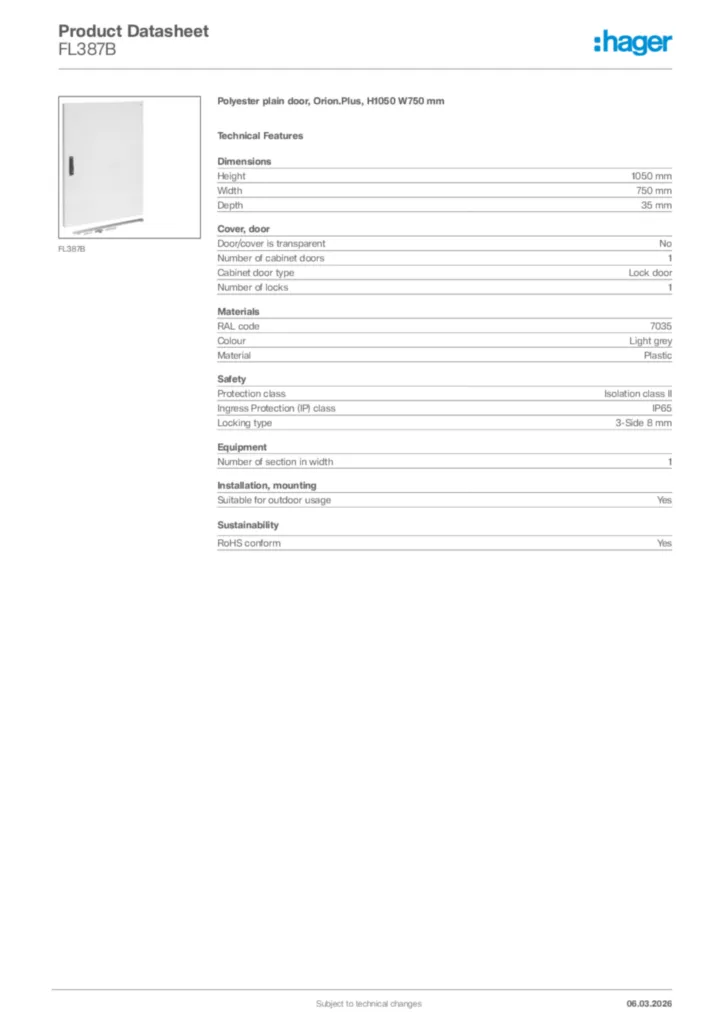Image Hager Product data sheet FL387B  | Hager Africa