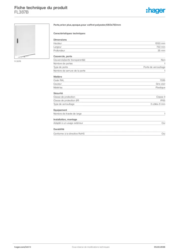 Image Hager Fiche technique du produit FL387B | Hager Afrique