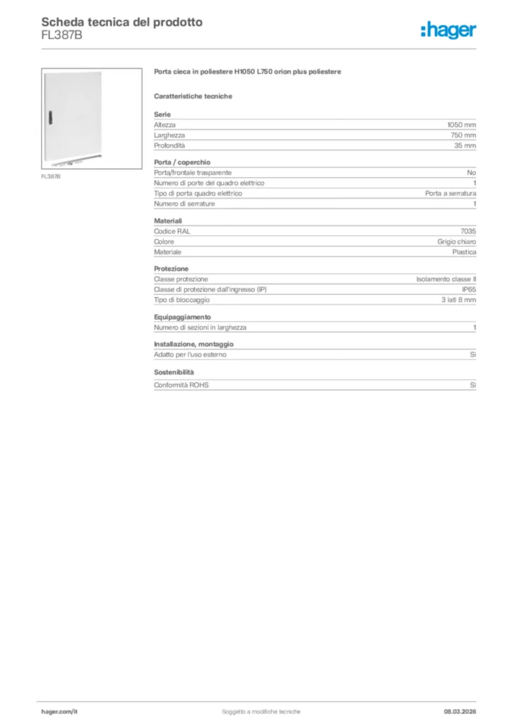 Immagine Hager Scheda tecnica del prodotto FL387B | Hager Italia