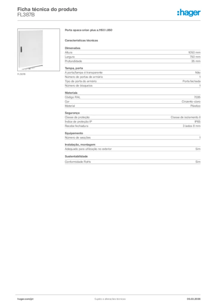 Imagem Hager Ficha técnica do produto FL387B | Hager Portugal