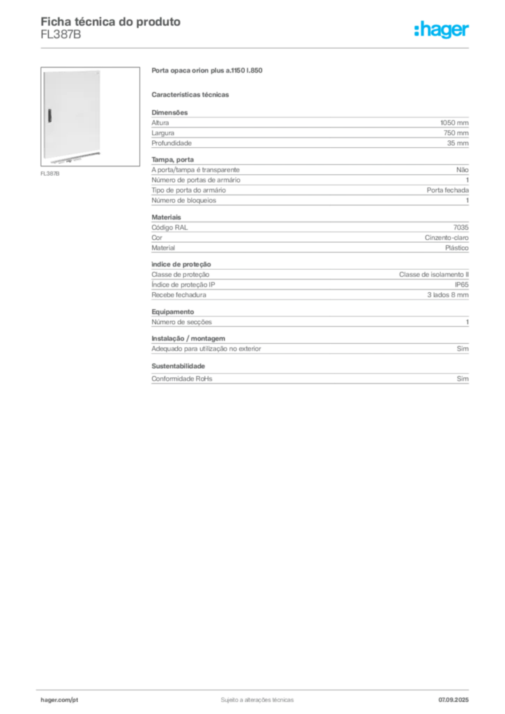 Imagem Hager Ficha técnica do produto FL387B | Hager Portugal