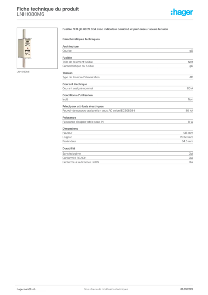 Image Hager Fiche technique du produit LNH1080M6 | Hager Suisse