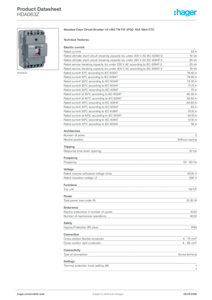 Image Hager Product data sheet HDA063Z  | Hager