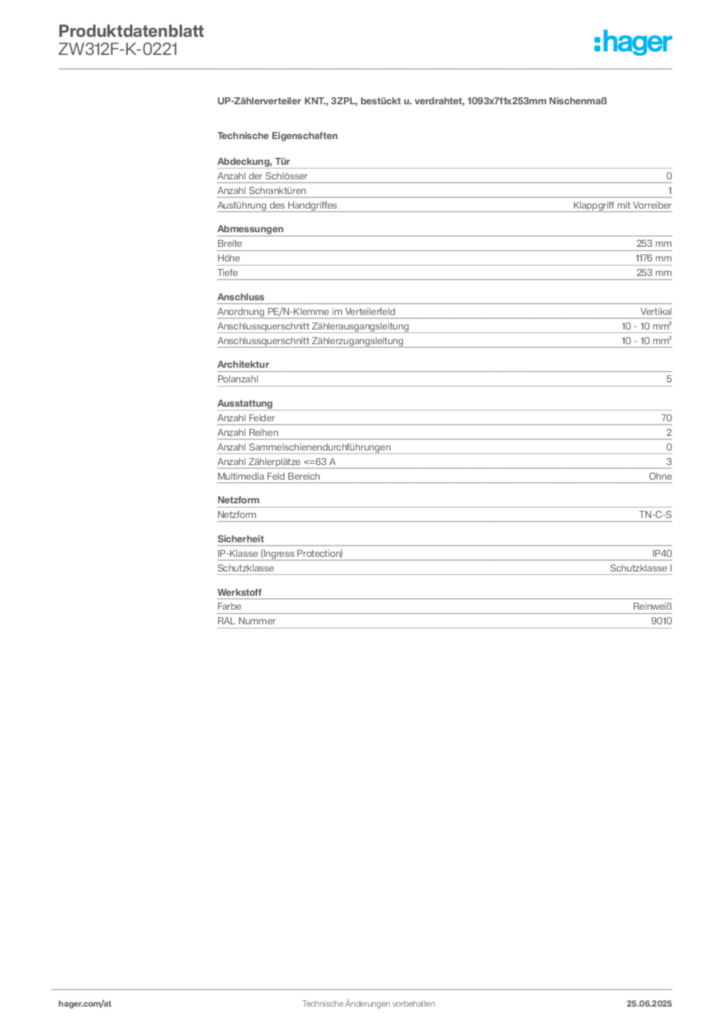 Bild Hager Produktdatenblatt ZW312F-K-0221 | Hager Deutschland