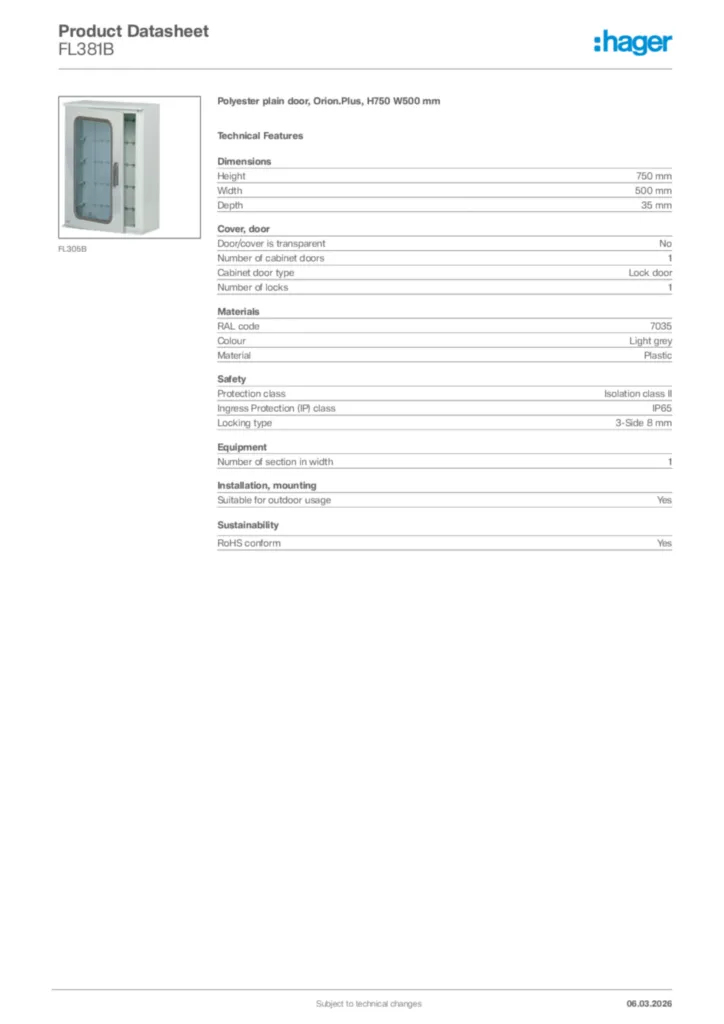 Image Hager Product data sheet FL381B  | Hager Africa