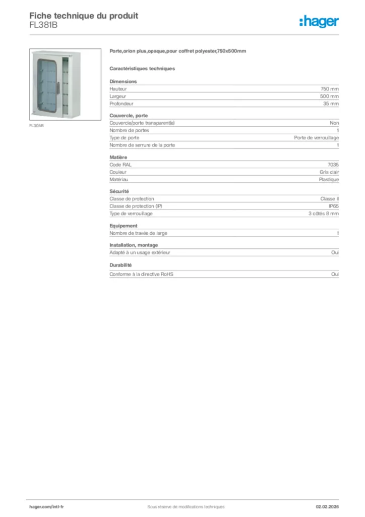 Image Hager Fiche technique du produit FL381B | Hager Afrique