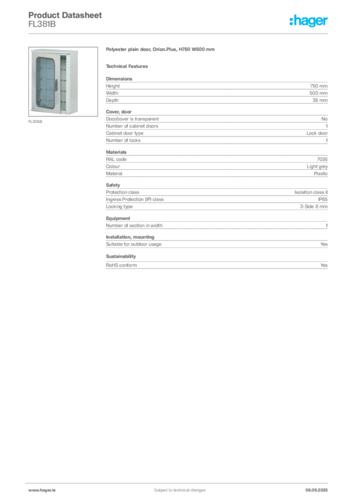 Image Hager Product data sheet FL381B  | Hager