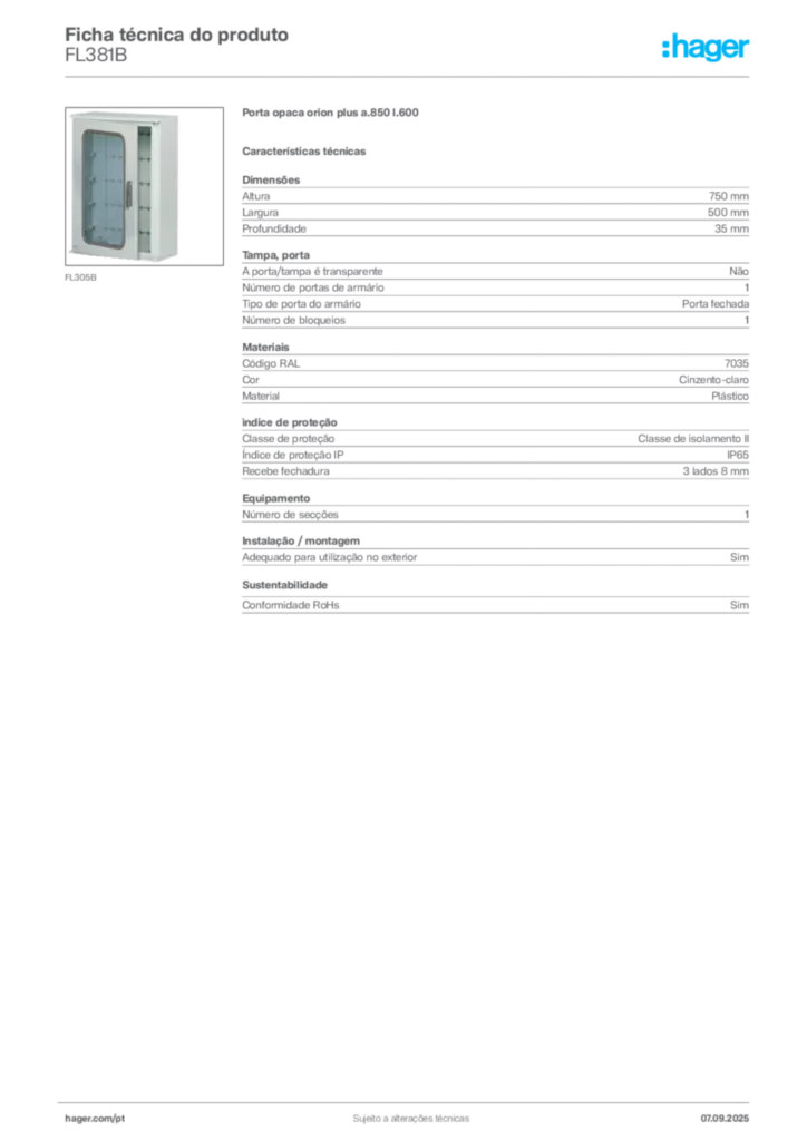 Imagem Hager Ficha técnica do produto FL381B | Hager Portugal