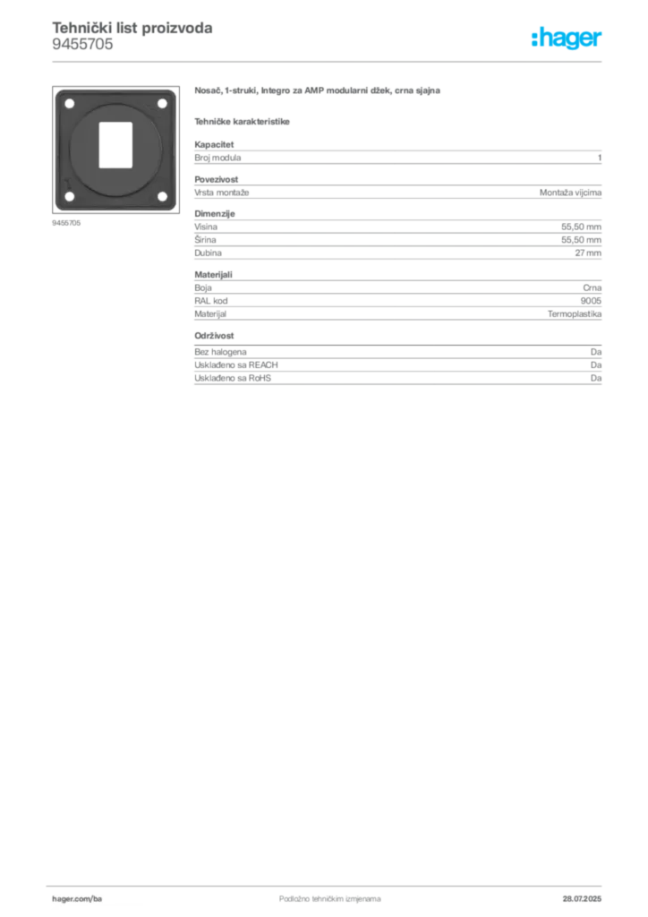 Slika Hager Product data sheet 9455705  | Hager