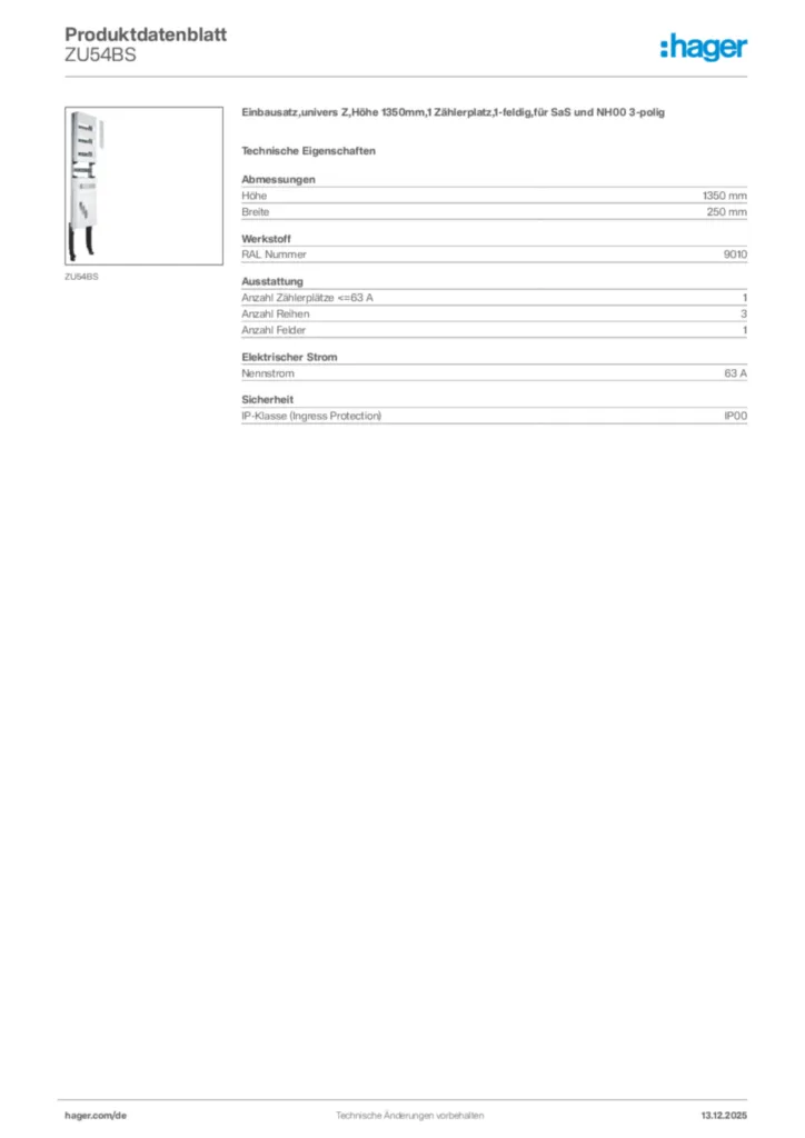 Bild Hager Produktdatenblatt ZU54BS | Hager Deutschland