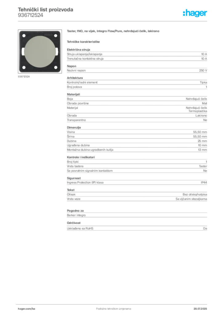 Slika Hager Product data sheet 936712524  | Hager