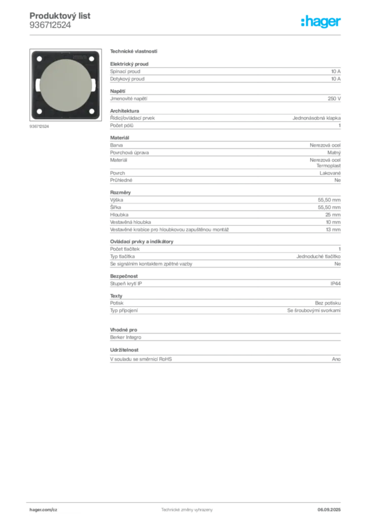 Obrázek Hager Produktový list 936712524 | Hager