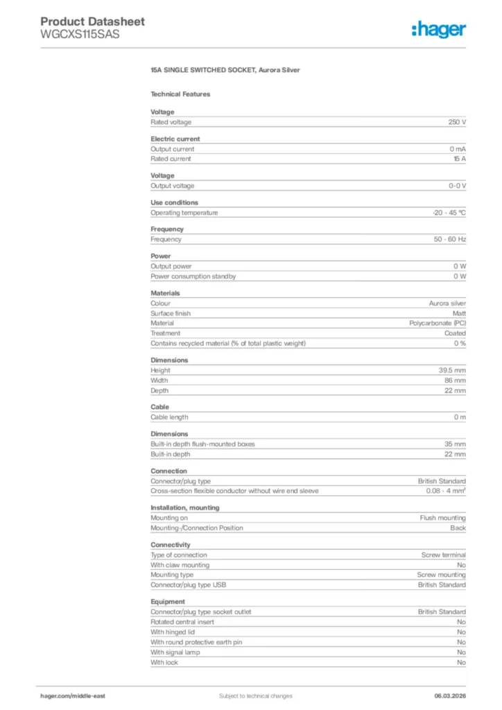 Image Hager Product data sheet WGCXS115SAS  | Hager