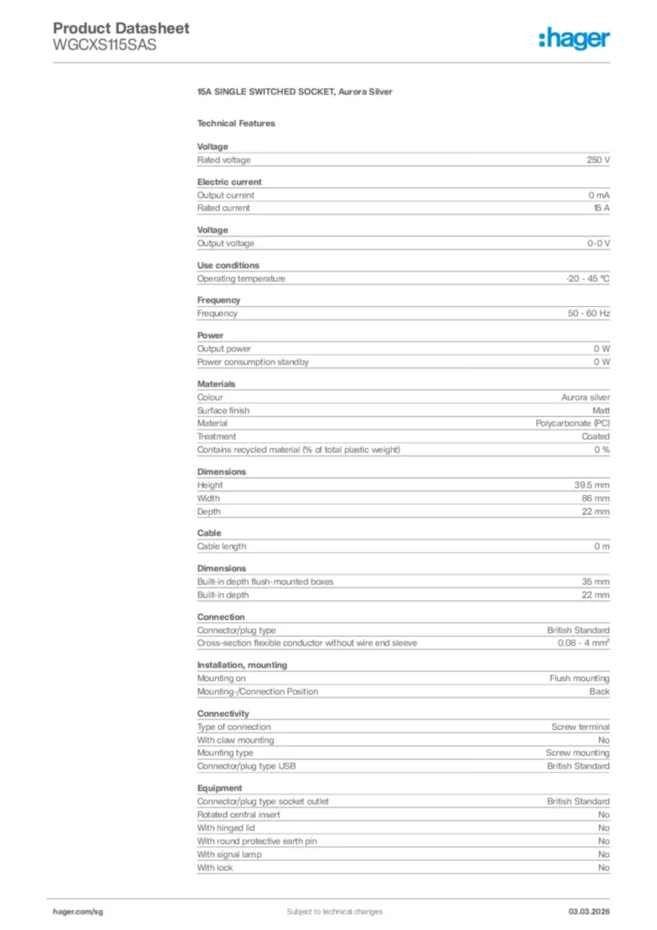 Image Hager Product data sheet WGCXS115SAS  | Hager