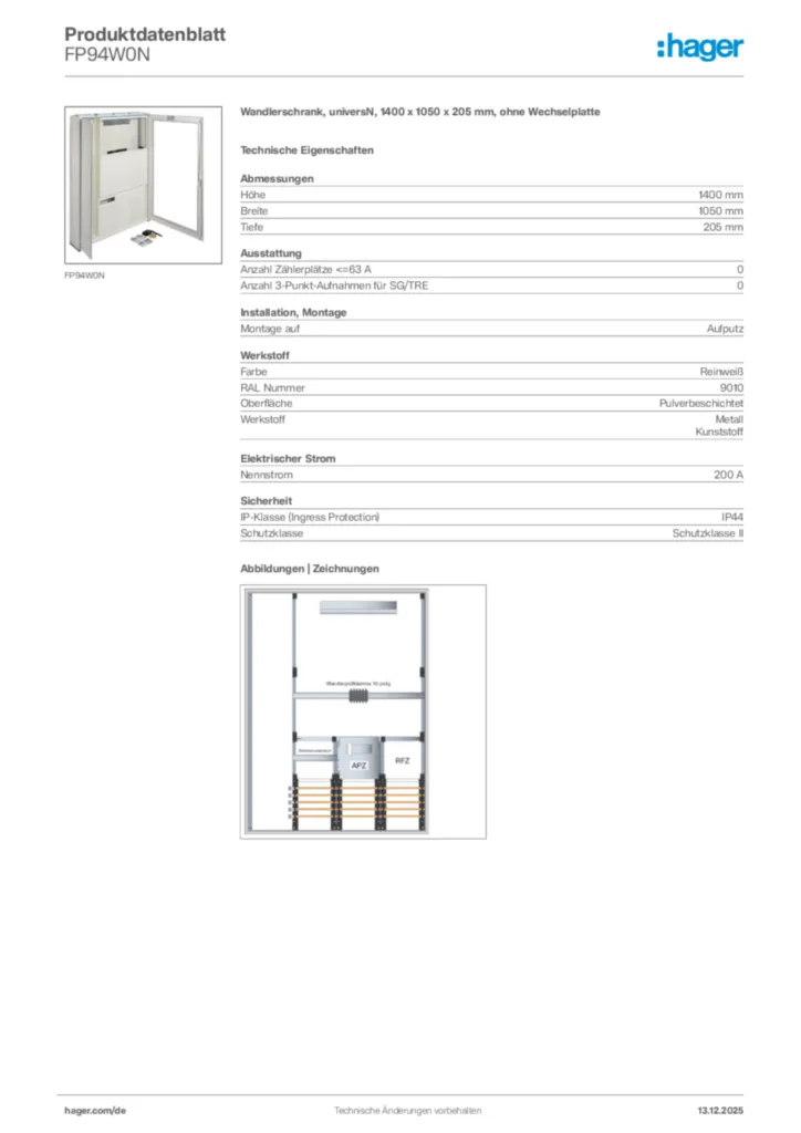 Bild Hager Produktdatenblatt FP94W0N | Hager Deutschland