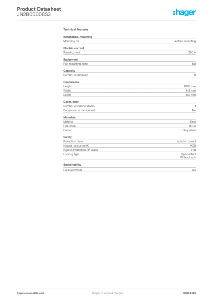 Image Hager Product data sheet JN2B00008S3  | Hager