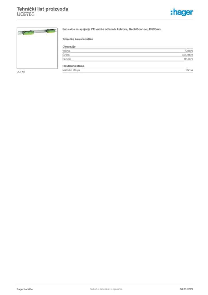 Slika Hager Tehnički list proizvoda UC976S  | Hager