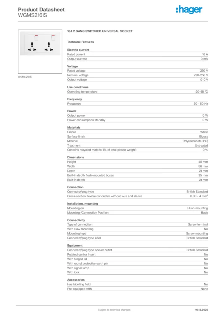 Image Hager Product data sheet WGMS216IS  | Hager Africa