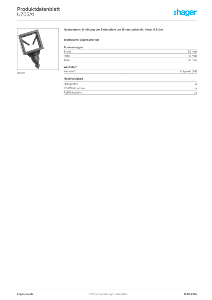 Bild Hager Produktdatenblatt UZ05A1 | Hager Deutschland