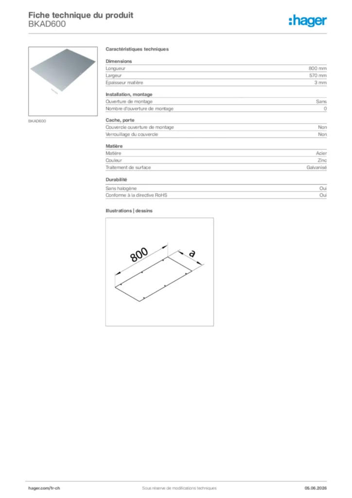 Image Hager Fiche technique du produit BKAD600 | Hager Suisse